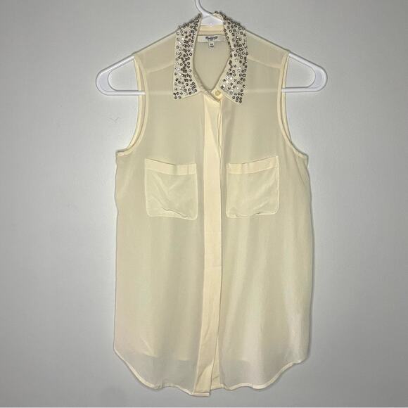 Madewell Light Buttercream Silk Studded Collar Sleeveless Top Size XS - Picture 1 of 5